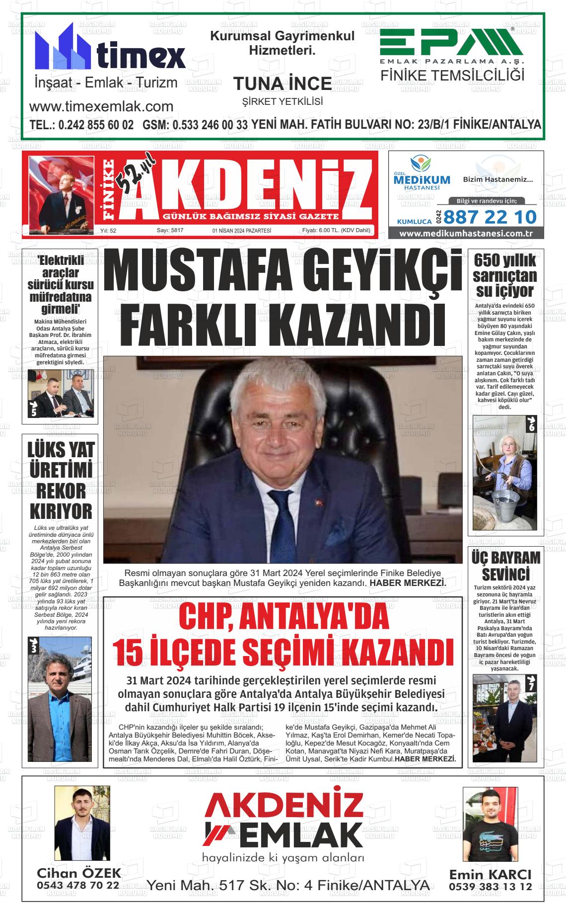 01 Nisan 2024 Finike Akdeniz Gazete Manşeti