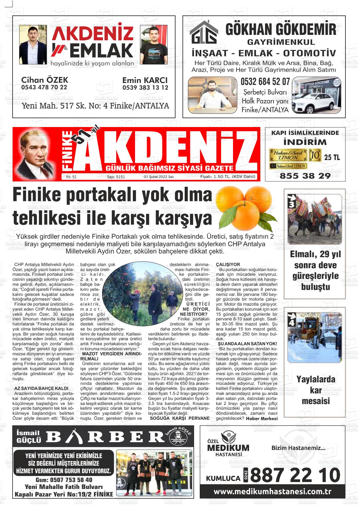 01 Şubat 2022 Finike Akdeniz Gazete Manşeti