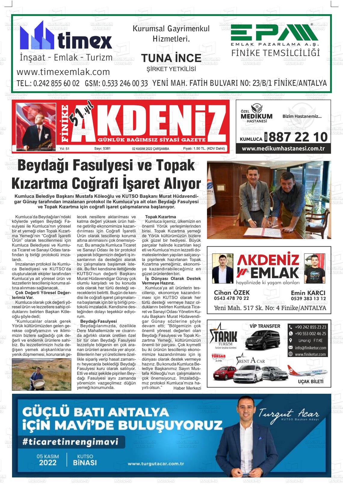 02 Kasım 2022 Finike Akdeniz Gazete Manşeti