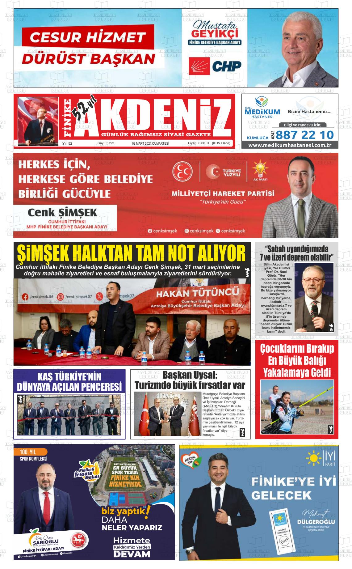 02 Mart 2024 Finike Akdeniz Gazete Manşeti