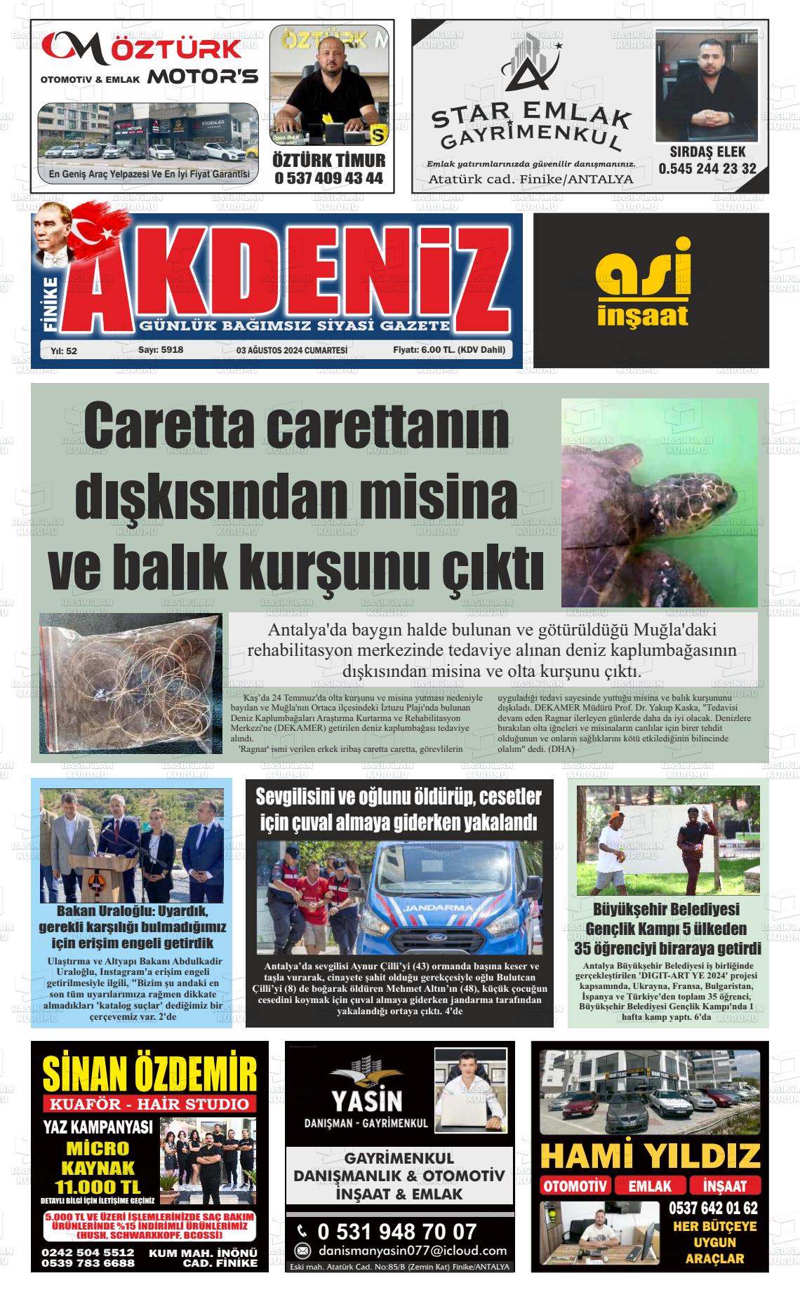 03 Ağustos 2024 Finike Akdeniz Gazete Manşeti