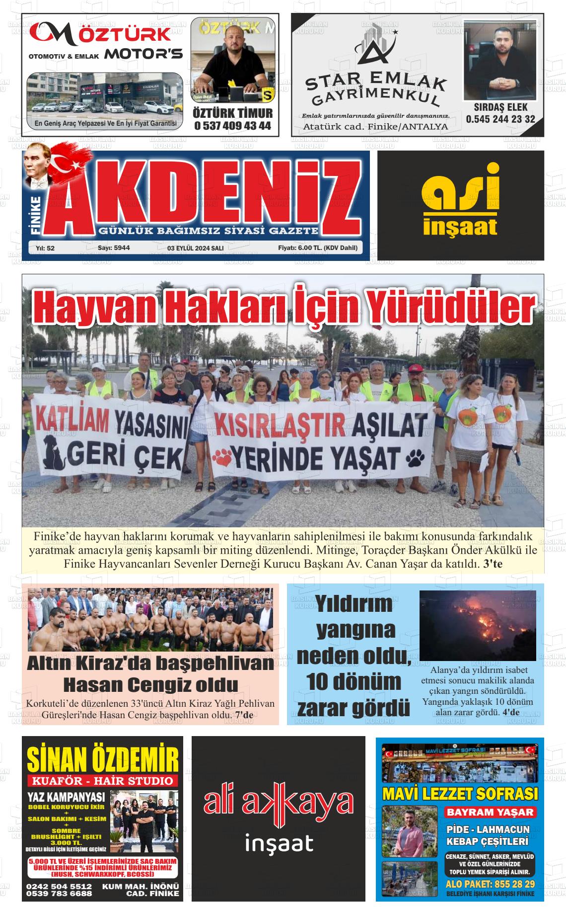 03 Eylül 2024 Finike Akdeniz Gazete Manşeti