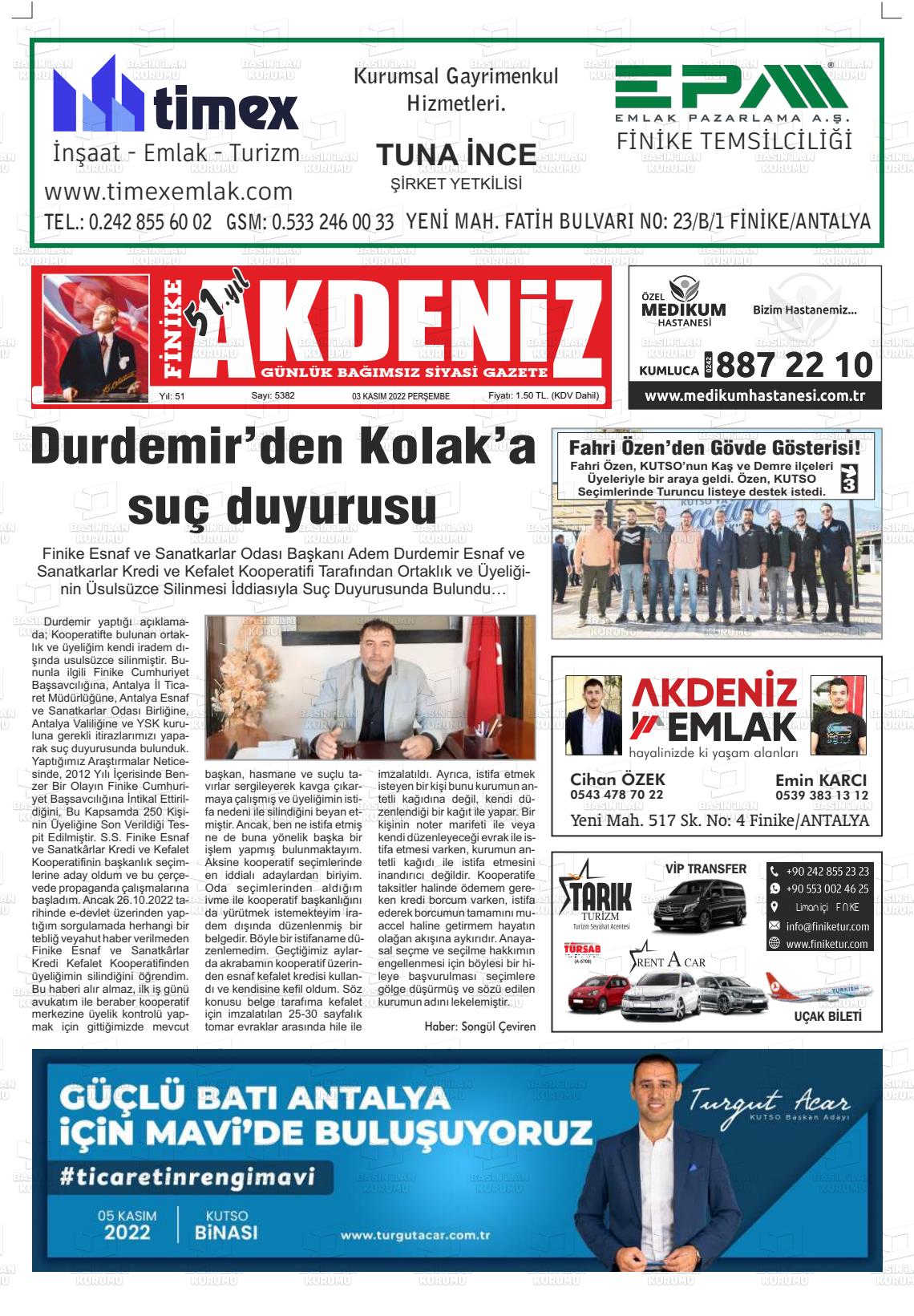 03 Kasım 2022 Finike Akdeniz Gazete Manşeti