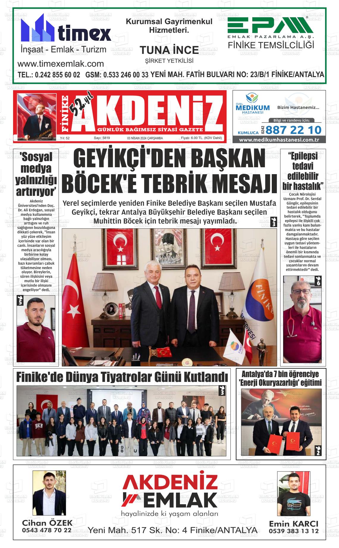 03 Nisan 2024 Finike Akdeniz Gazete Manşeti