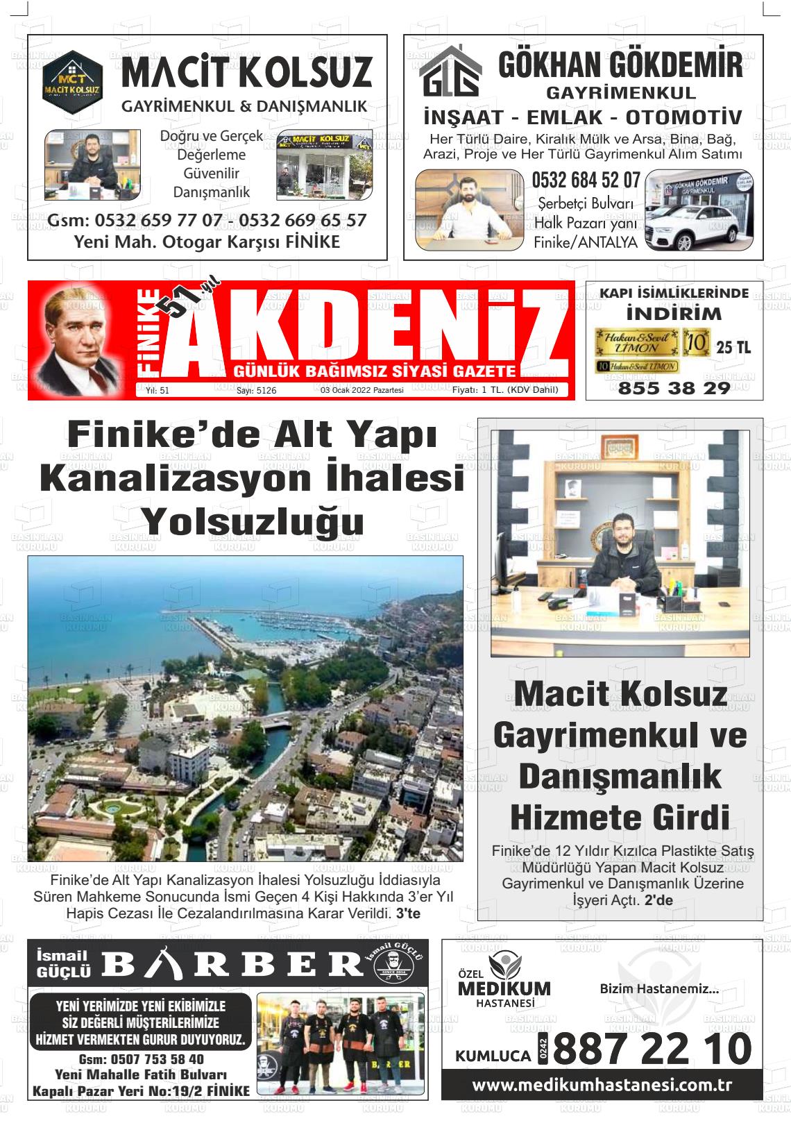 03 Ocak 2022 Finike Akdeniz Gazete Manşeti