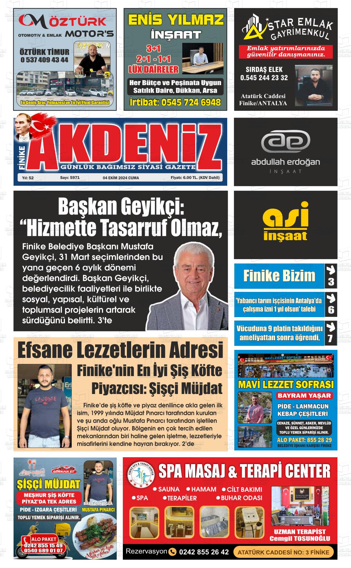 04 Ekim 2024 Finike Akdeniz Gazete Manşeti