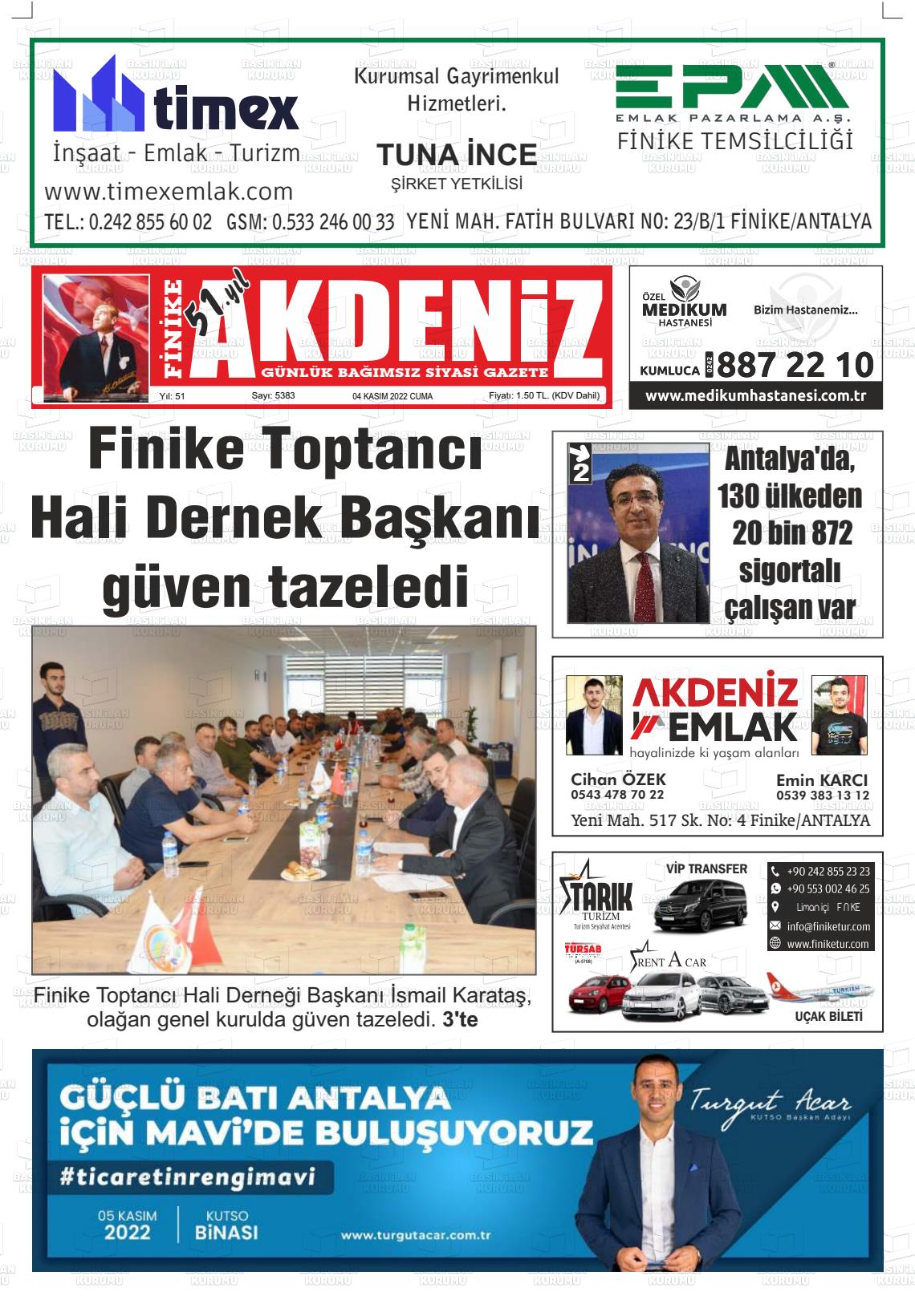 04 Kasım 2022 Finike Akdeniz Gazete Manşeti