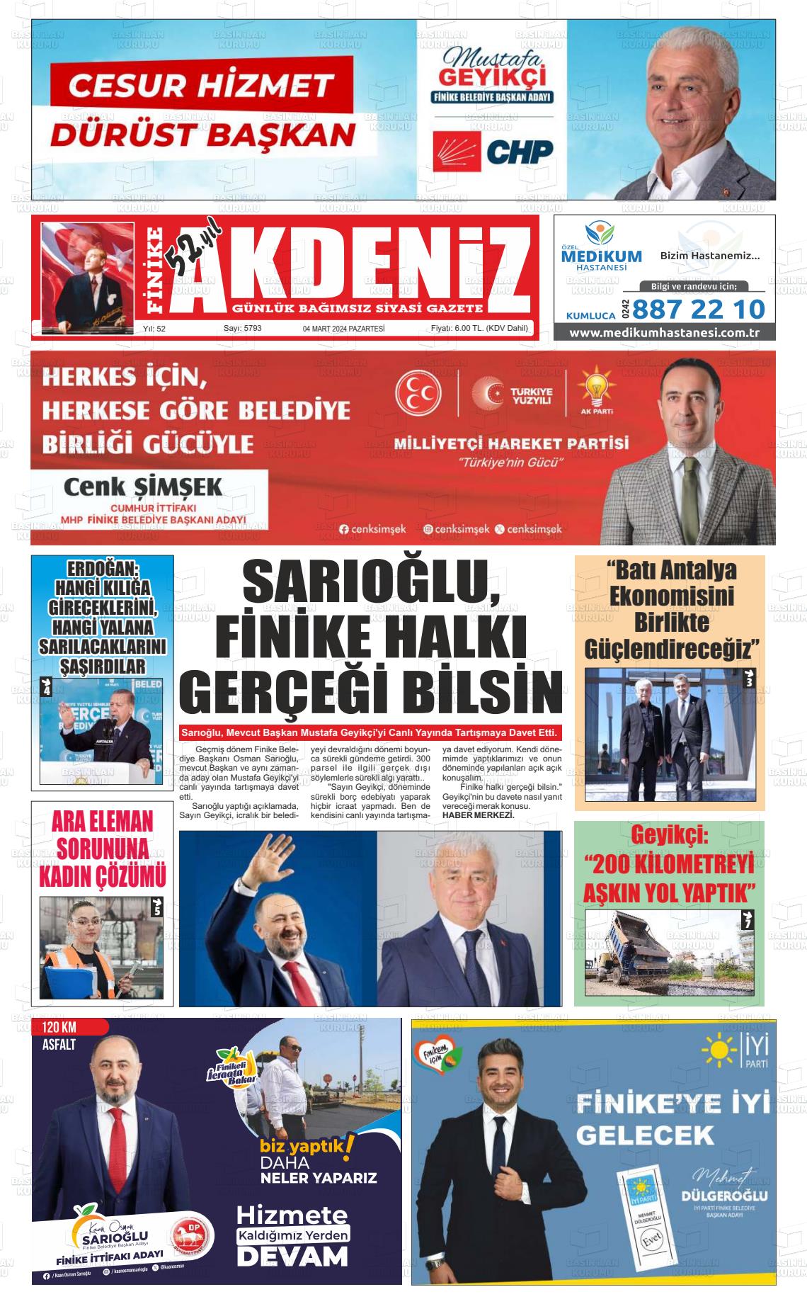 04 Mart 2024 Finike Akdeniz Gazete Manşeti