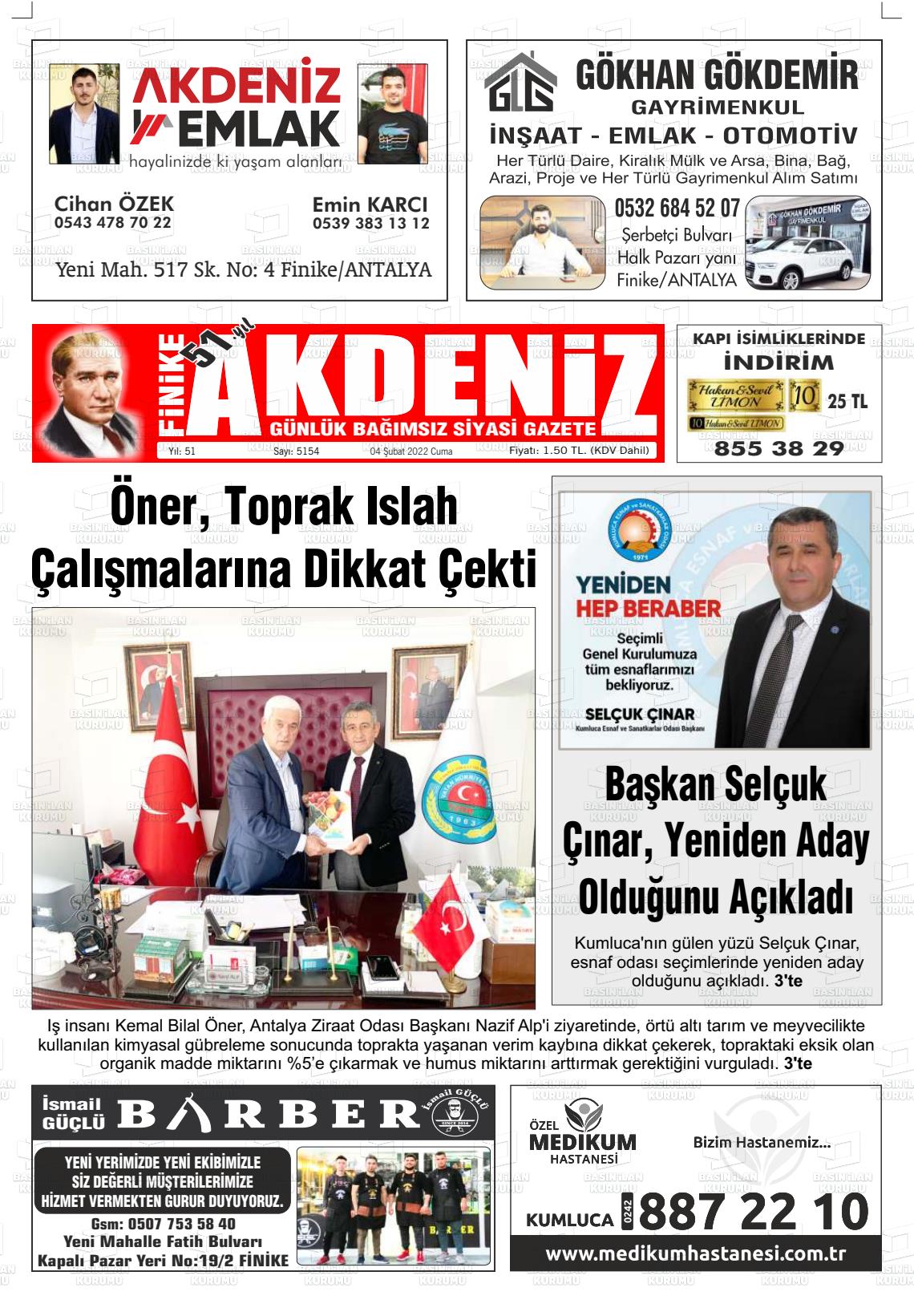 04 Şubat 2022 Finike Akdeniz Gazete Manşeti