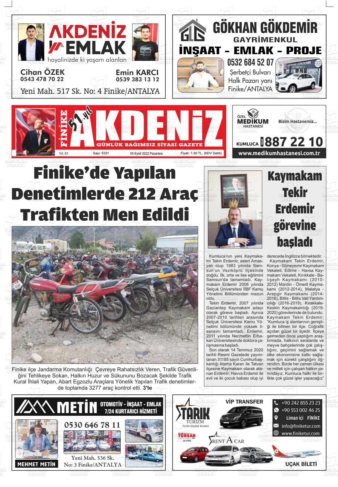 03 Kasım 2022 Finike Akdeniz Gazete Manşeti