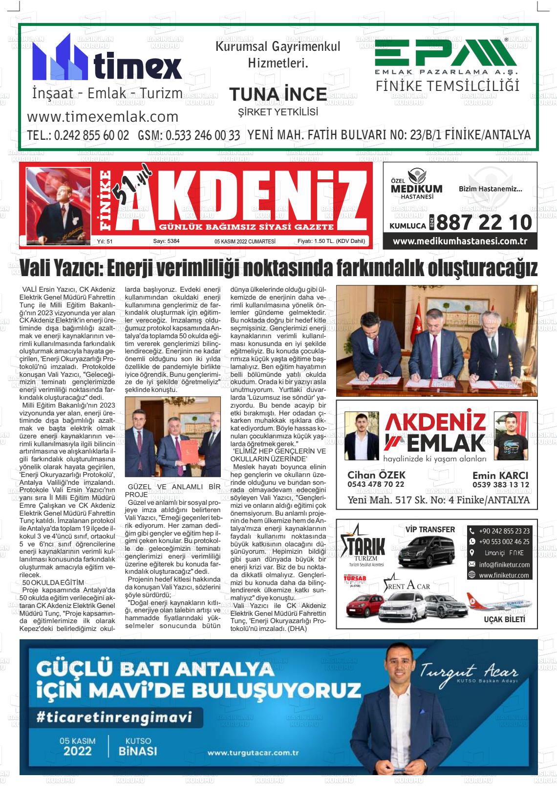 05 Kasım 2022 Finike Akdeniz Gazete Manşeti