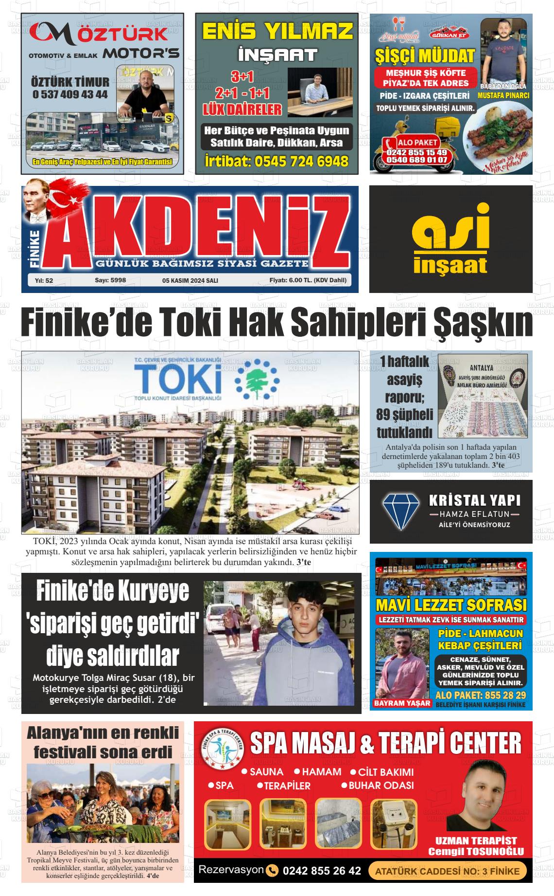 05 Kasım 2024 Finike Akdeniz Gazete Manşeti