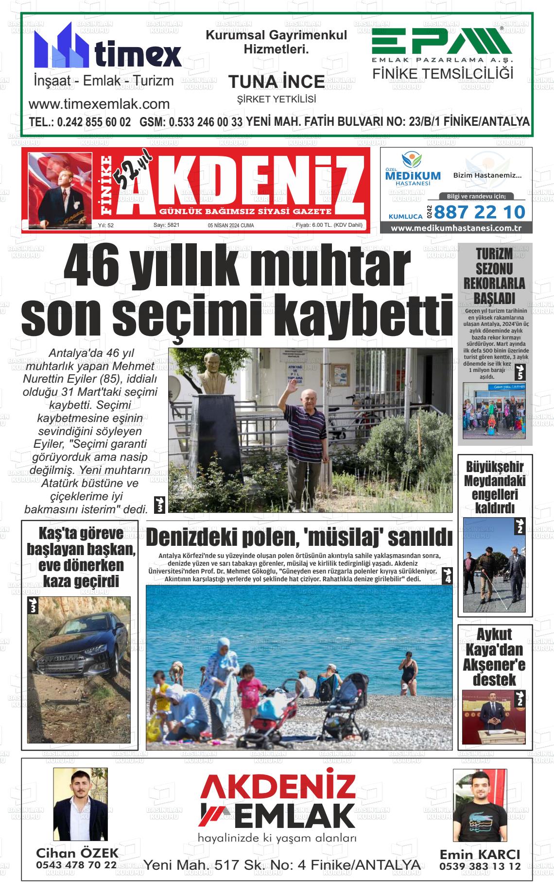 05 Nisan 2024 Finike Akdeniz Gazete Manşeti