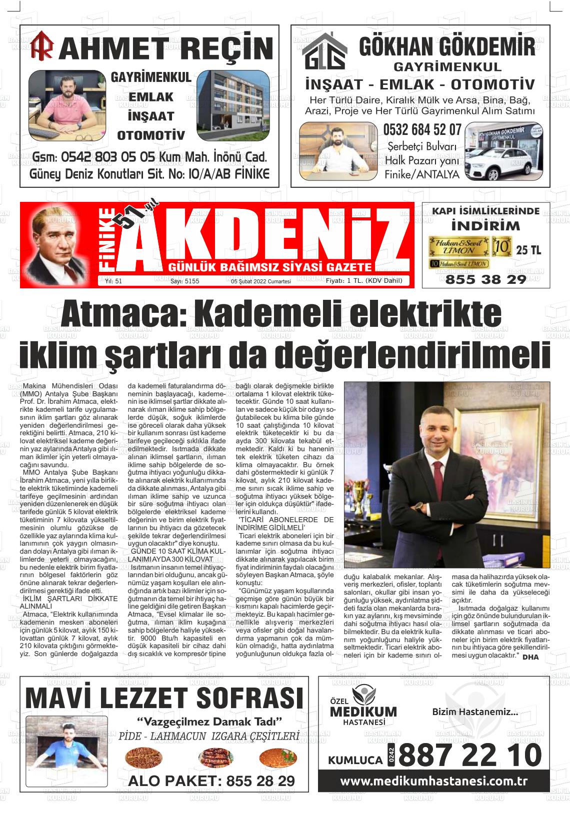 05 Şubat 2022 Finike Akdeniz Gazete Manşeti