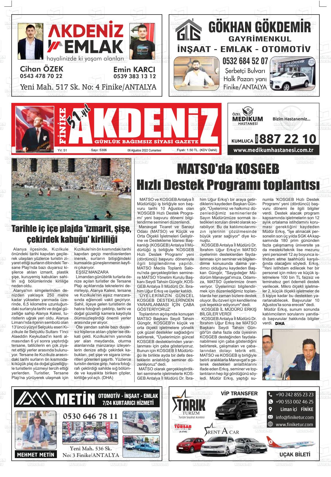 04 Ekim 2022 Finike Akdeniz Gazete Manşeti