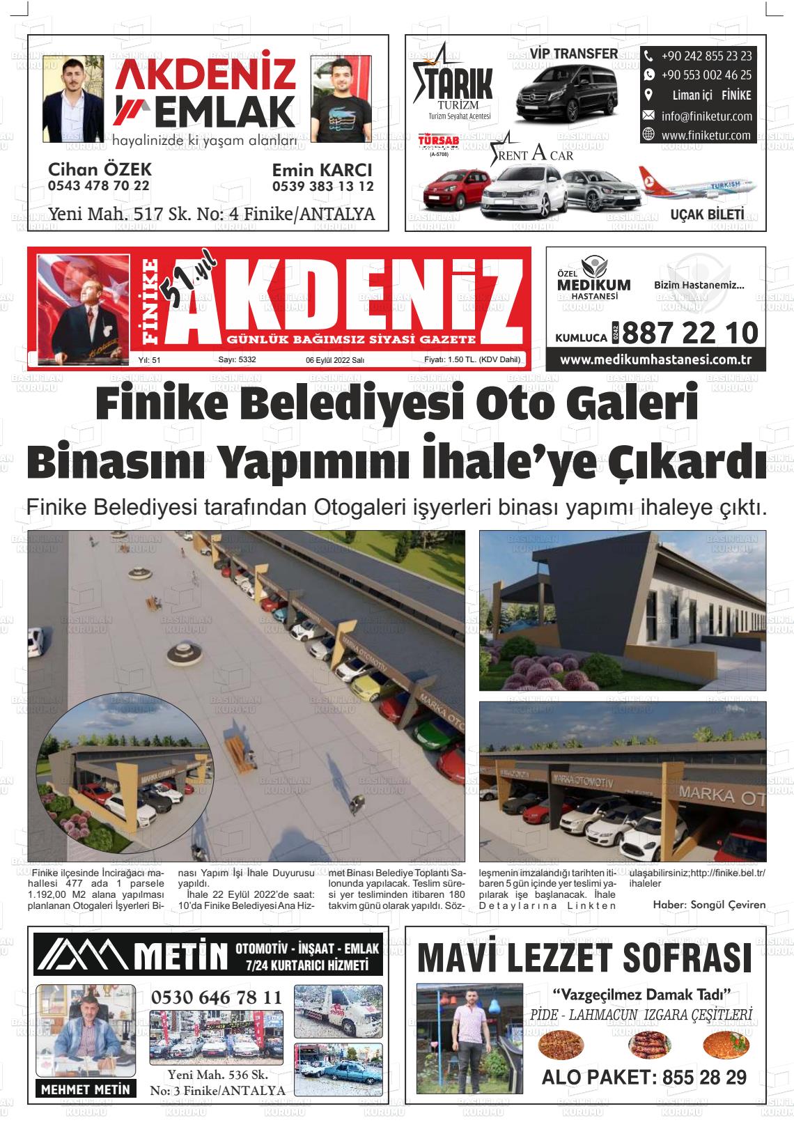 06 Eylül 2022 Finike Akdeniz Gazete Manşeti