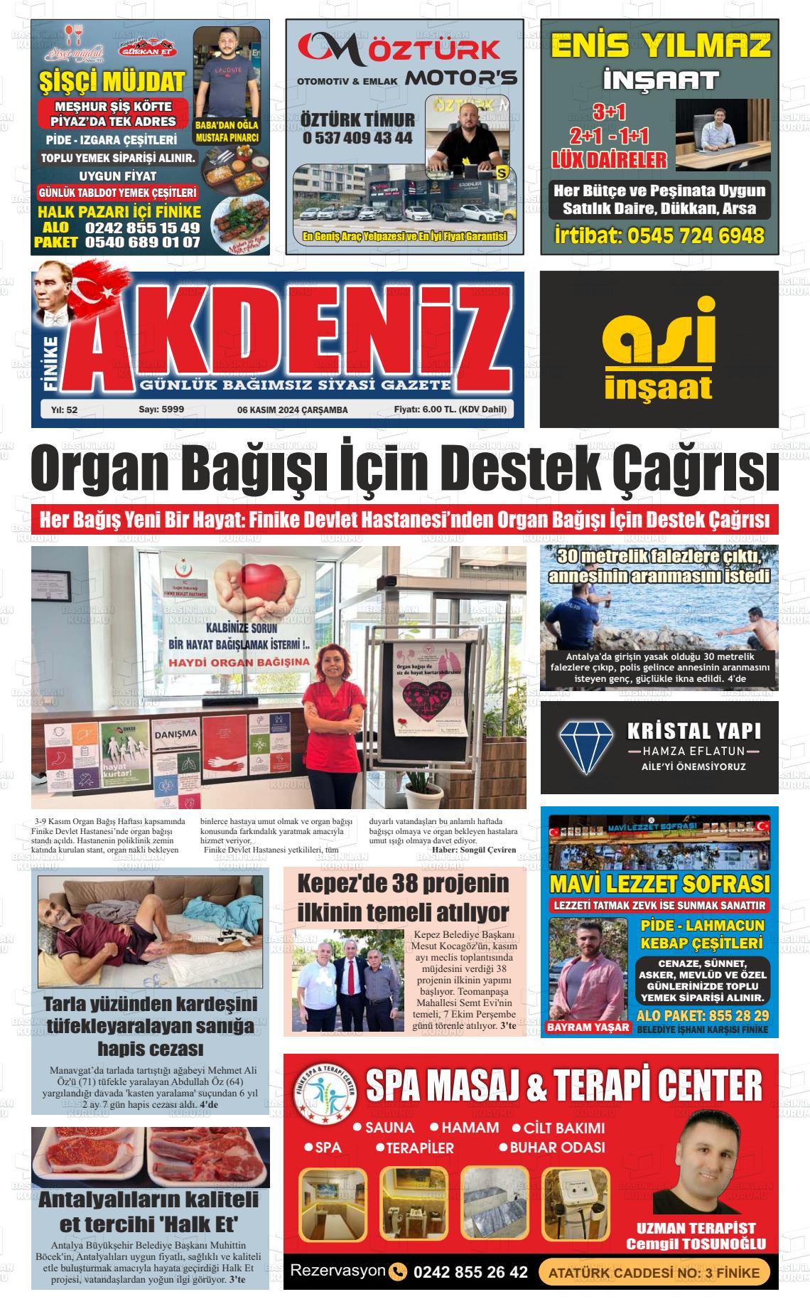 06 Kasım 2024 Finike Akdeniz Gazete Manşeti