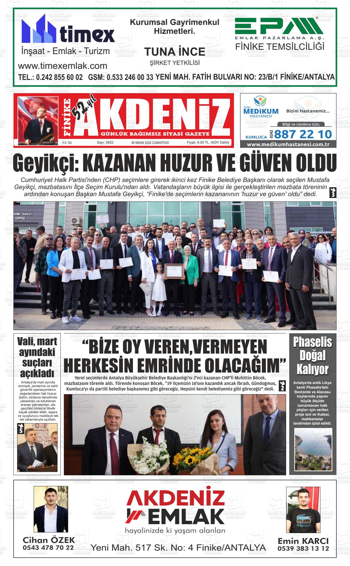 06 Nisan 2024 Finike Akdeniz Gazete Manşeti