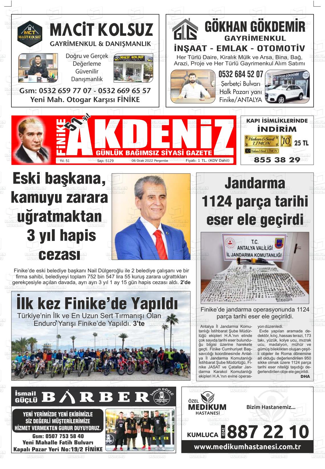 06 Ocak 2022 Finike Akdeniz Gazete Manşeti