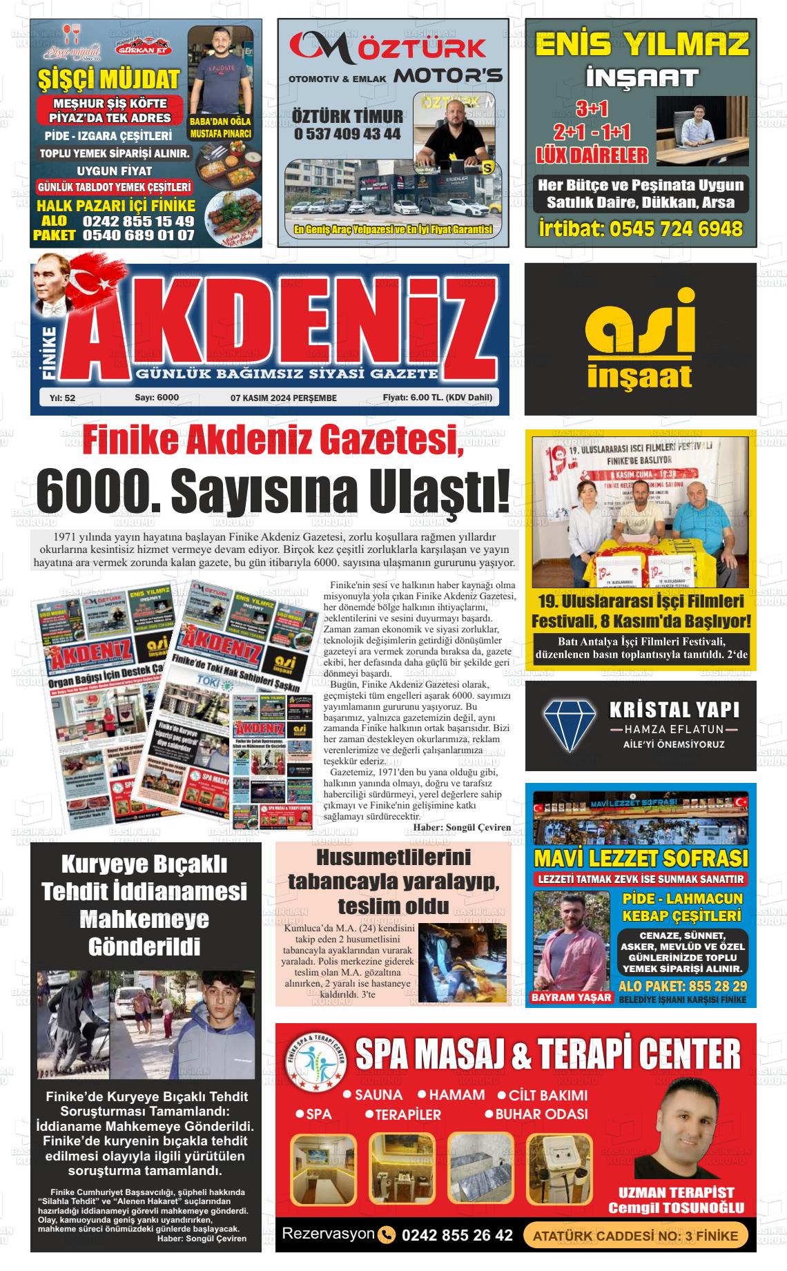 07 Kasım 2024 Finike Akdeniz Gazete Manşeti