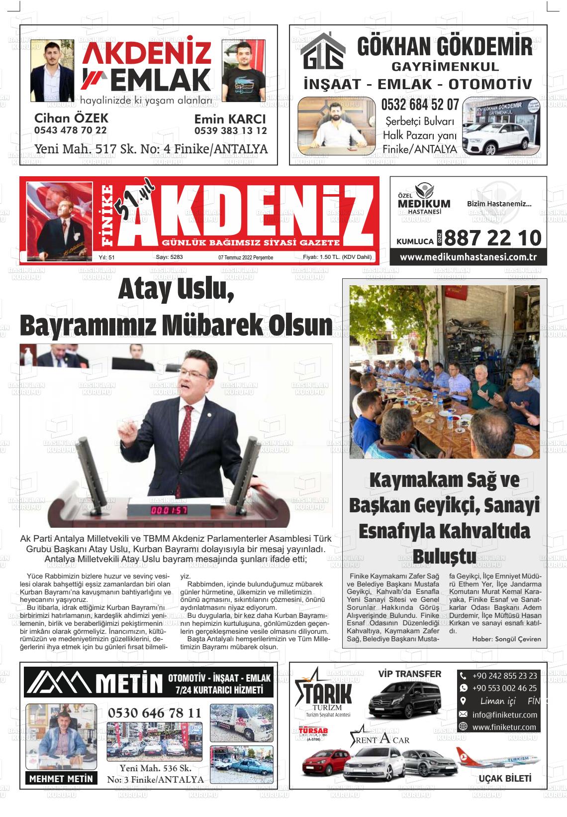 04 Eylül 2022 Finike Akdeniz Gazete Manşeti