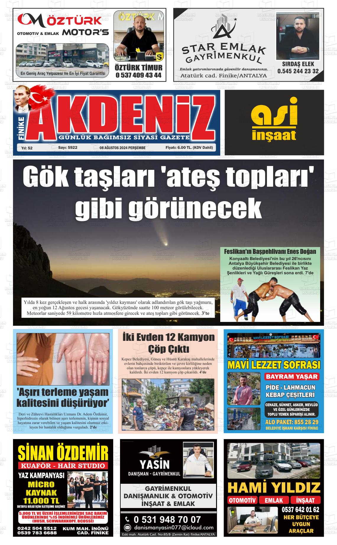 08 Ağustos 2024 Finike Akdeniz Gazete Manşeti