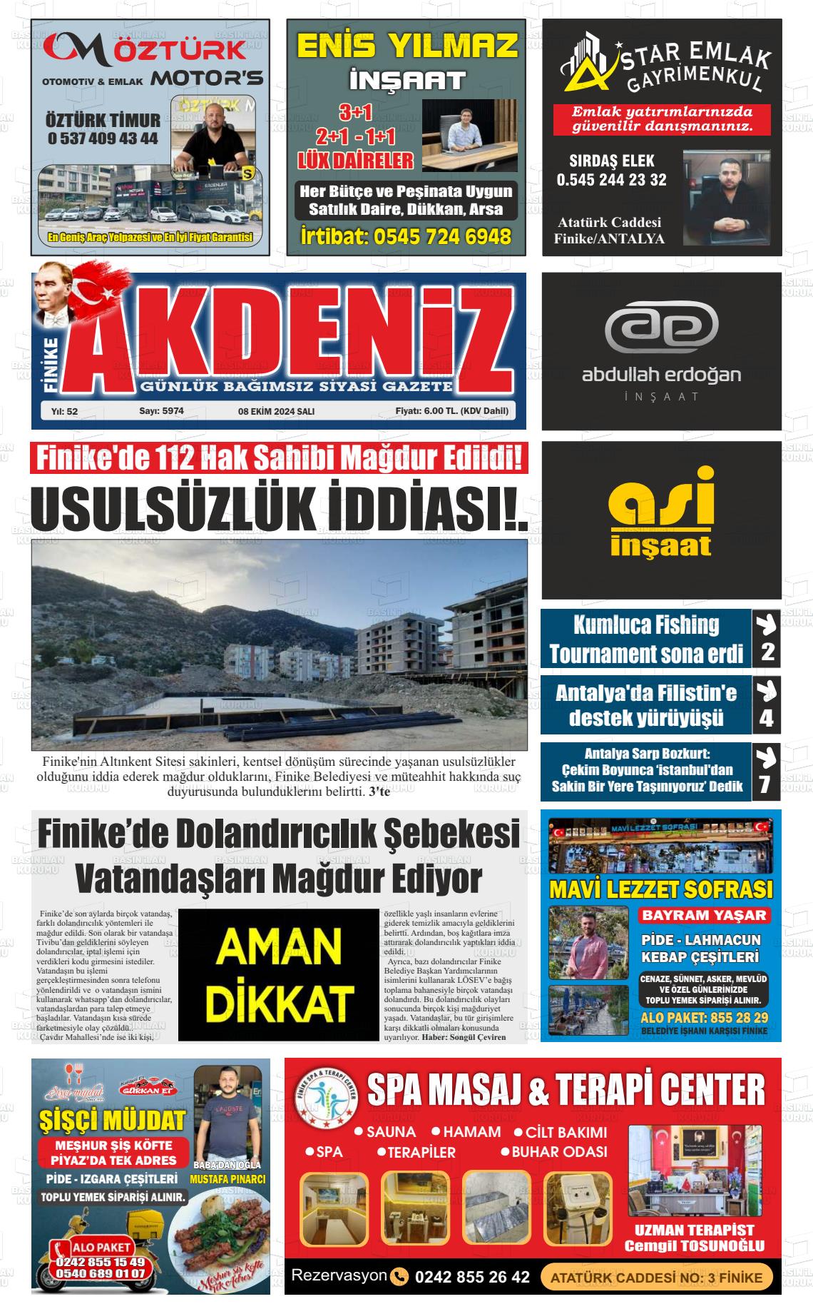 08 Ekim 2024 Finike Akdeniz Gazete Manşeti