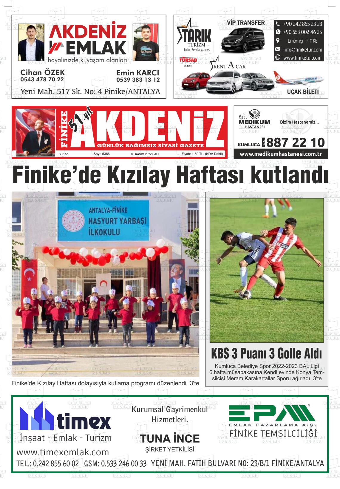 08 Kasım 2022 Finike Akdeniz Gazete Manşeti