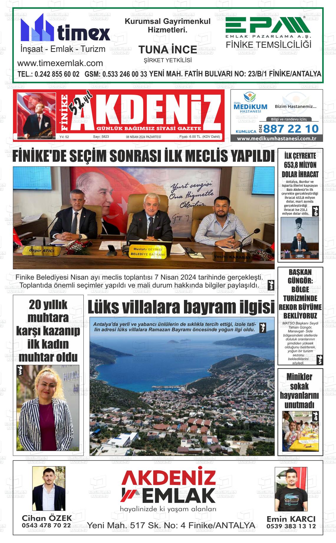 08 Nisan 2024 Finike Akdeniz Gazete Manşeti