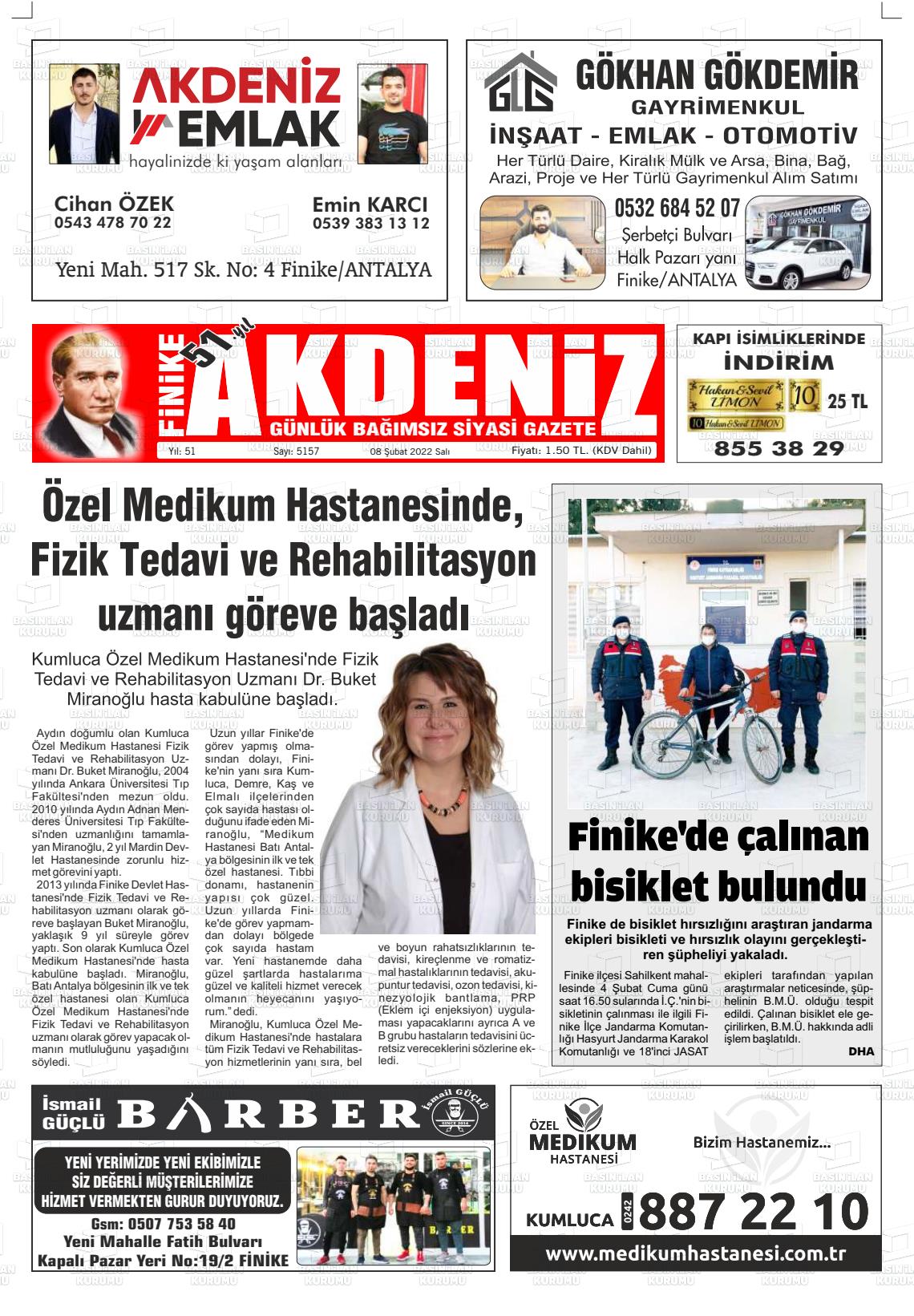 08 Şubat 2022 Finike Akdeniz Gazete Manşeti