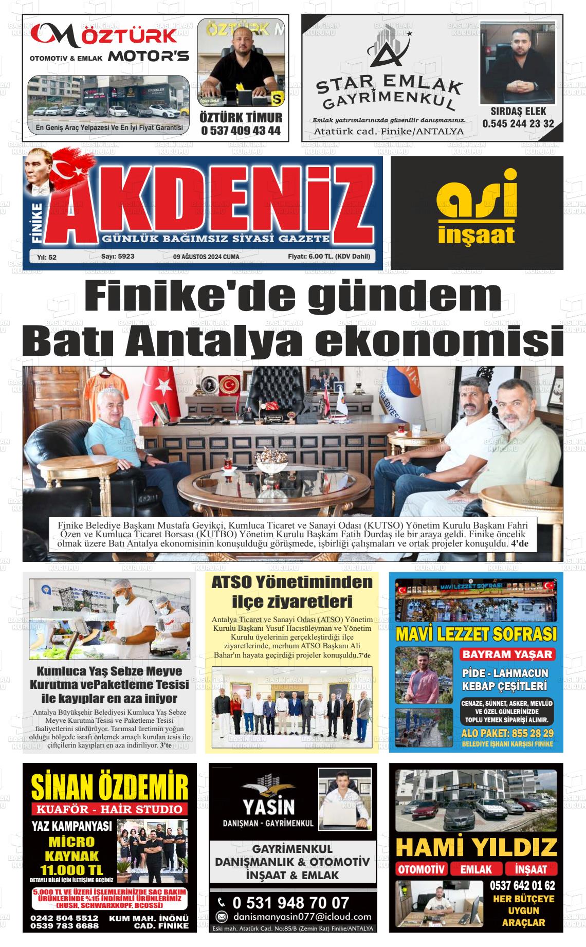 09 Ağustos 2024 Finike Akdeniz Gazete Manşeti