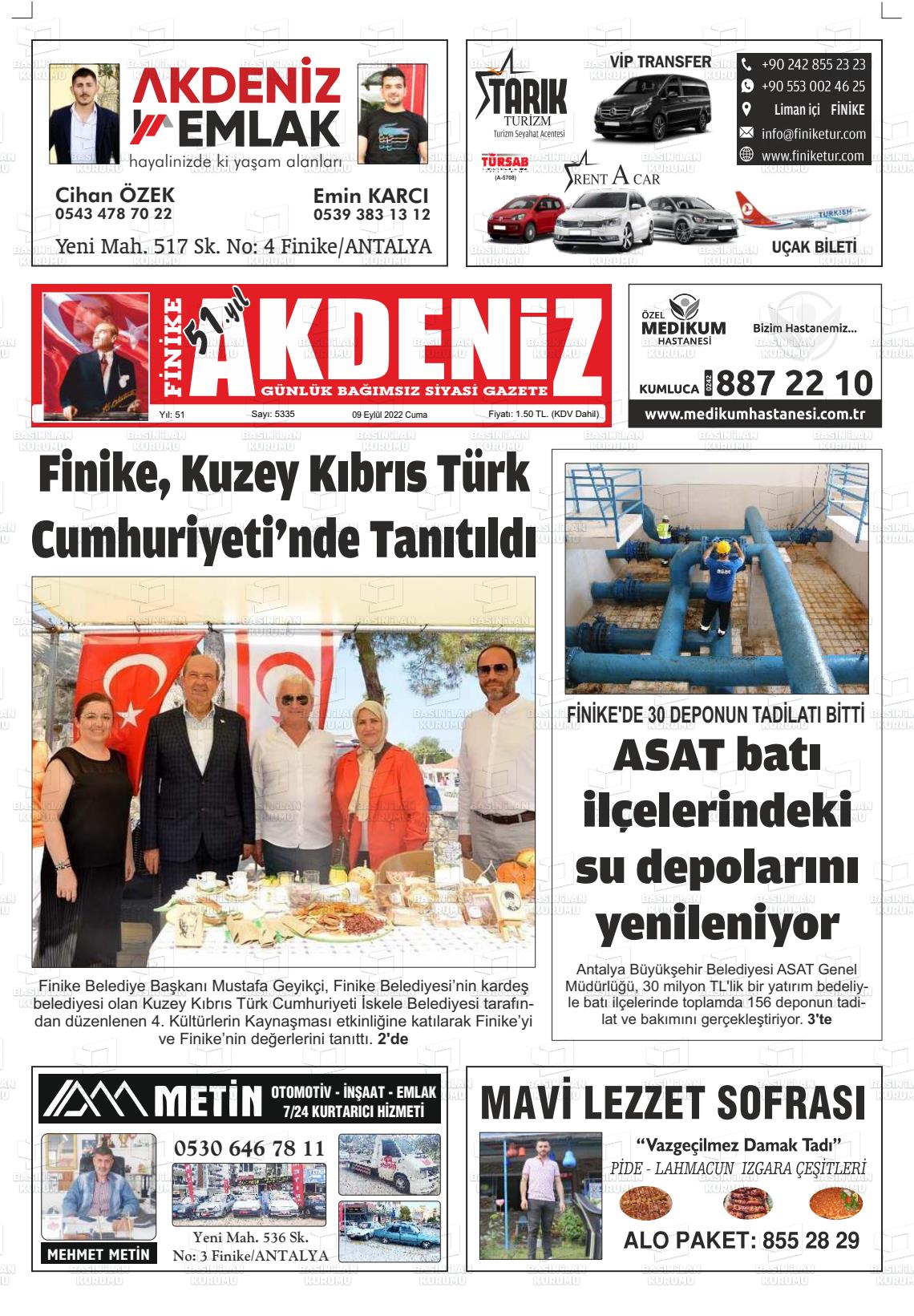 07 Kasım 2022 Finike Akdeniz Gazete Manşeti