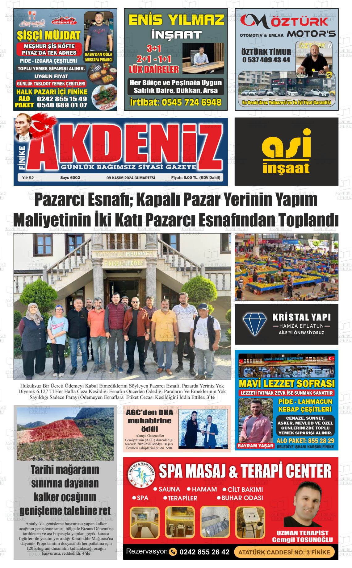 09 Kasım 2024 Finike Akdeniz Gazete Manşeti