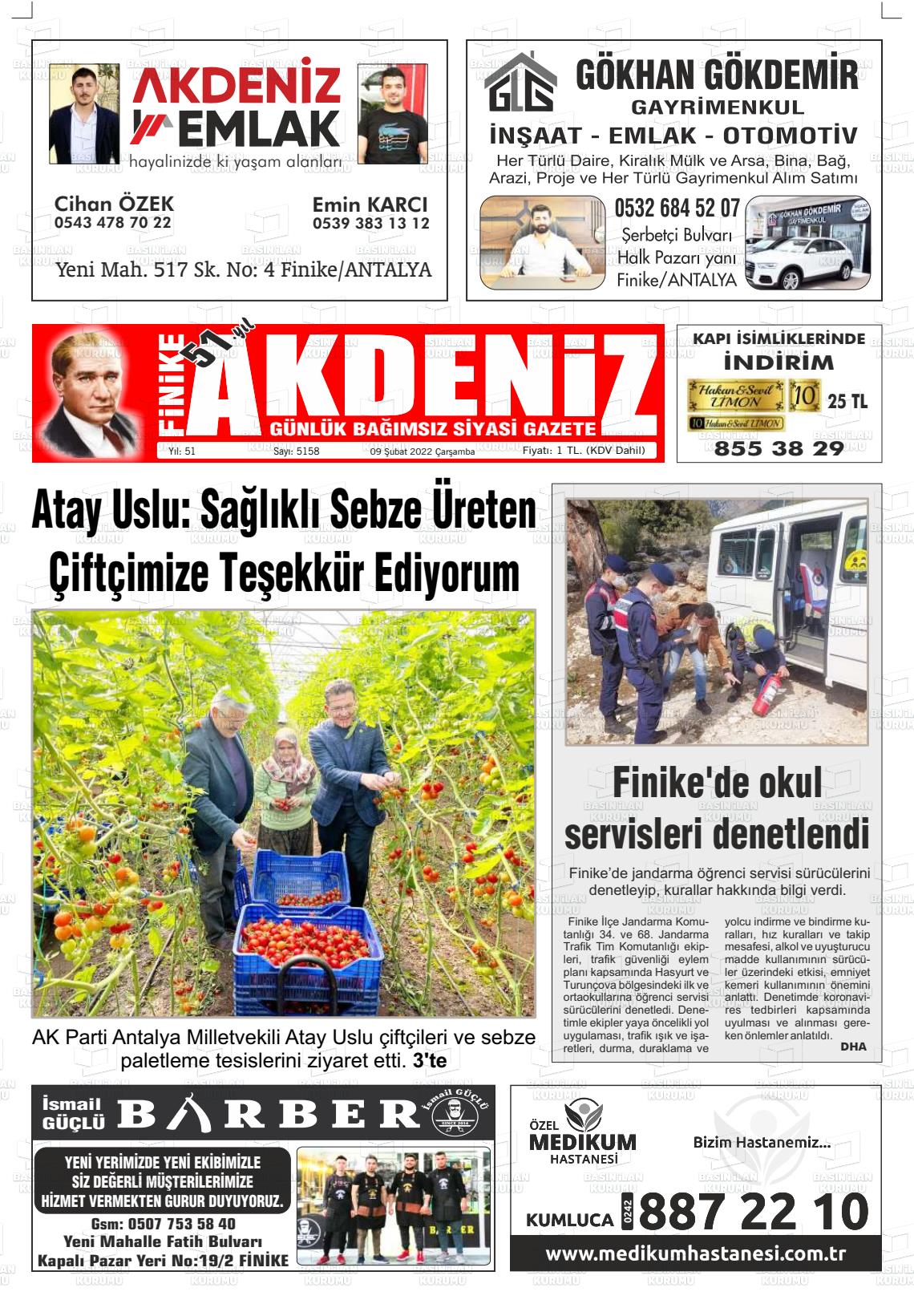 09 Şubat 2022 Finike Akdeniz Gazete Manşeti