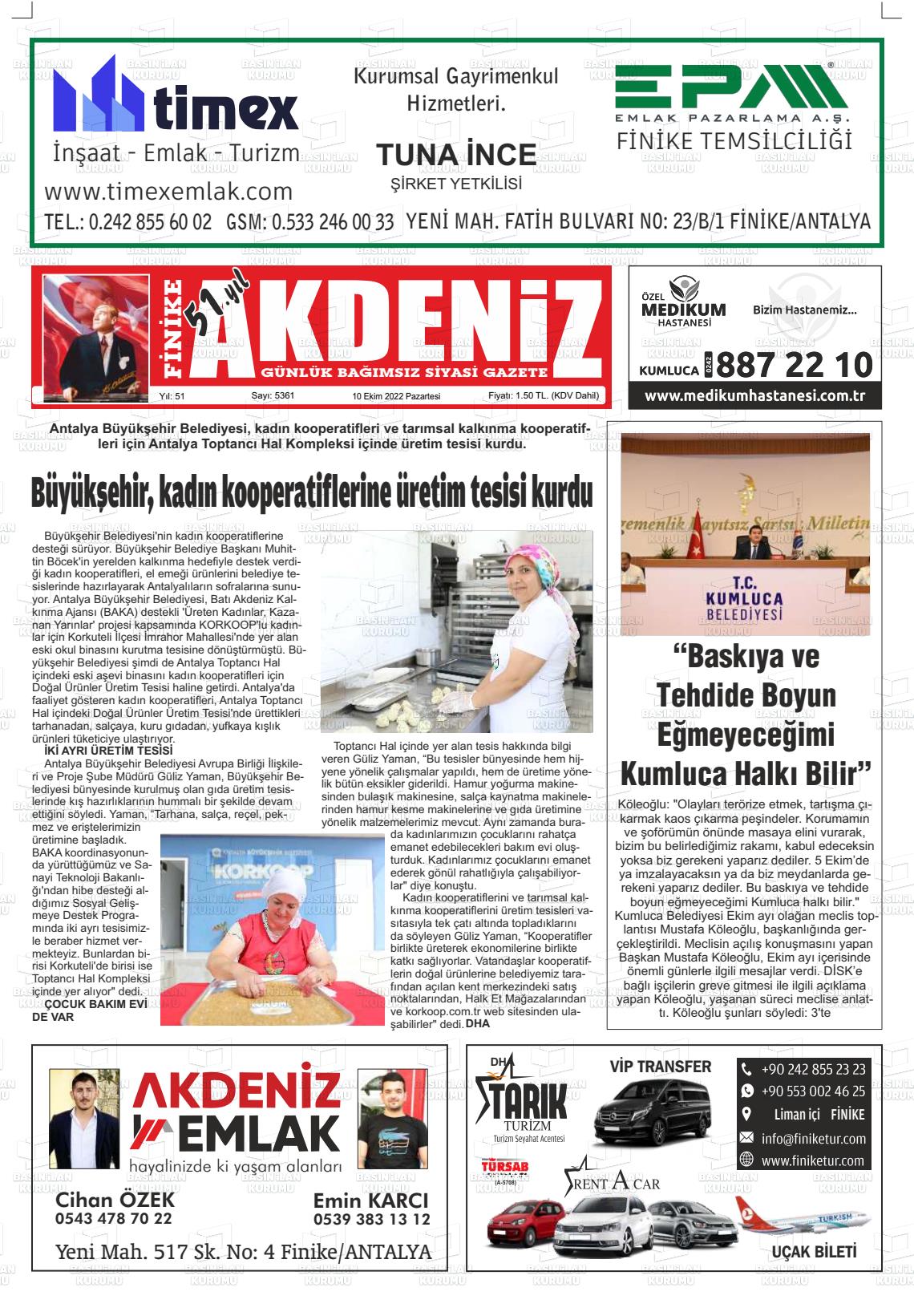 10 Ekim 2022 Finike Akdeniz Gazete Manşeti