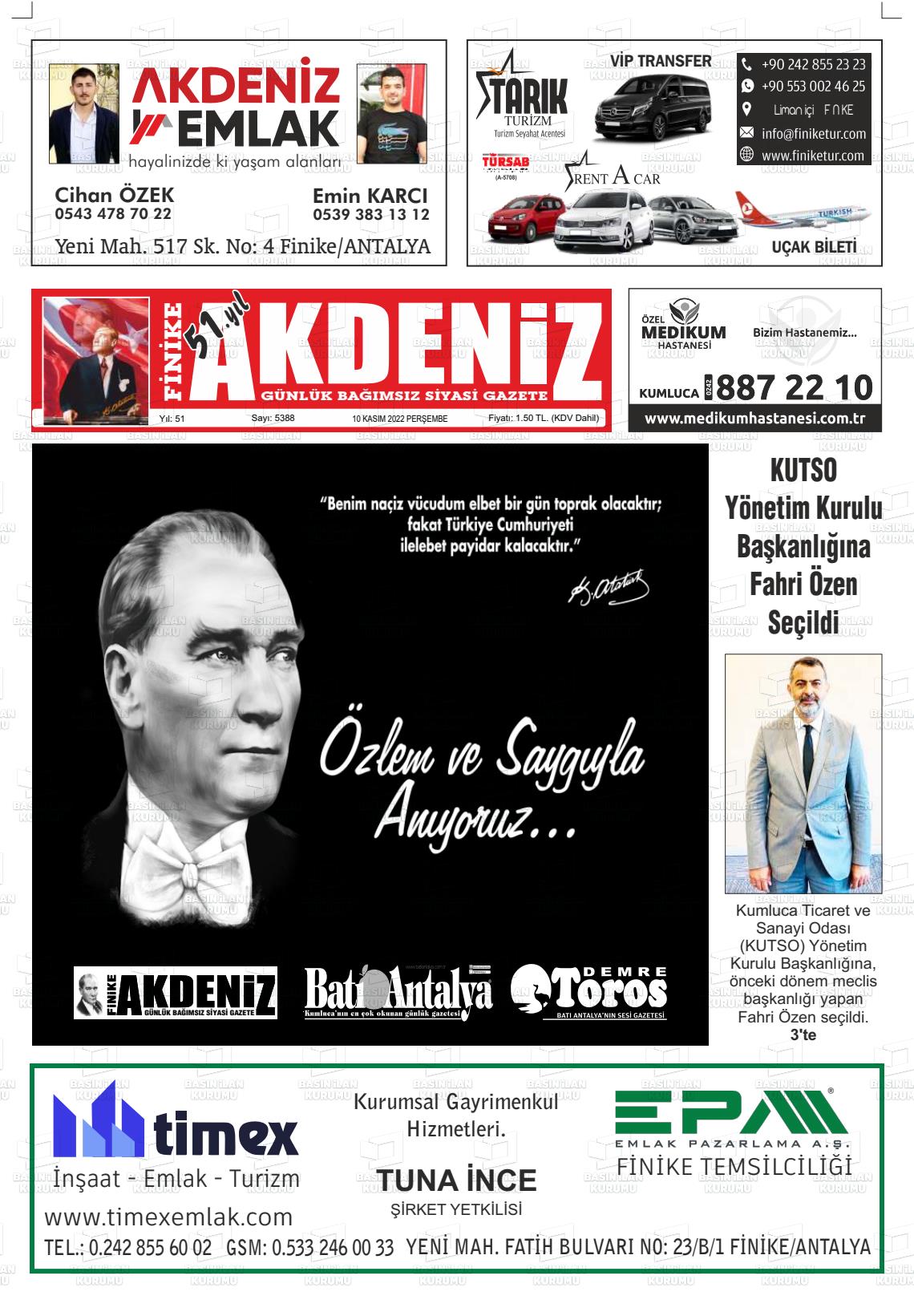 10 Kasım 2022 Finike Akdeniz Gazete Manşeti