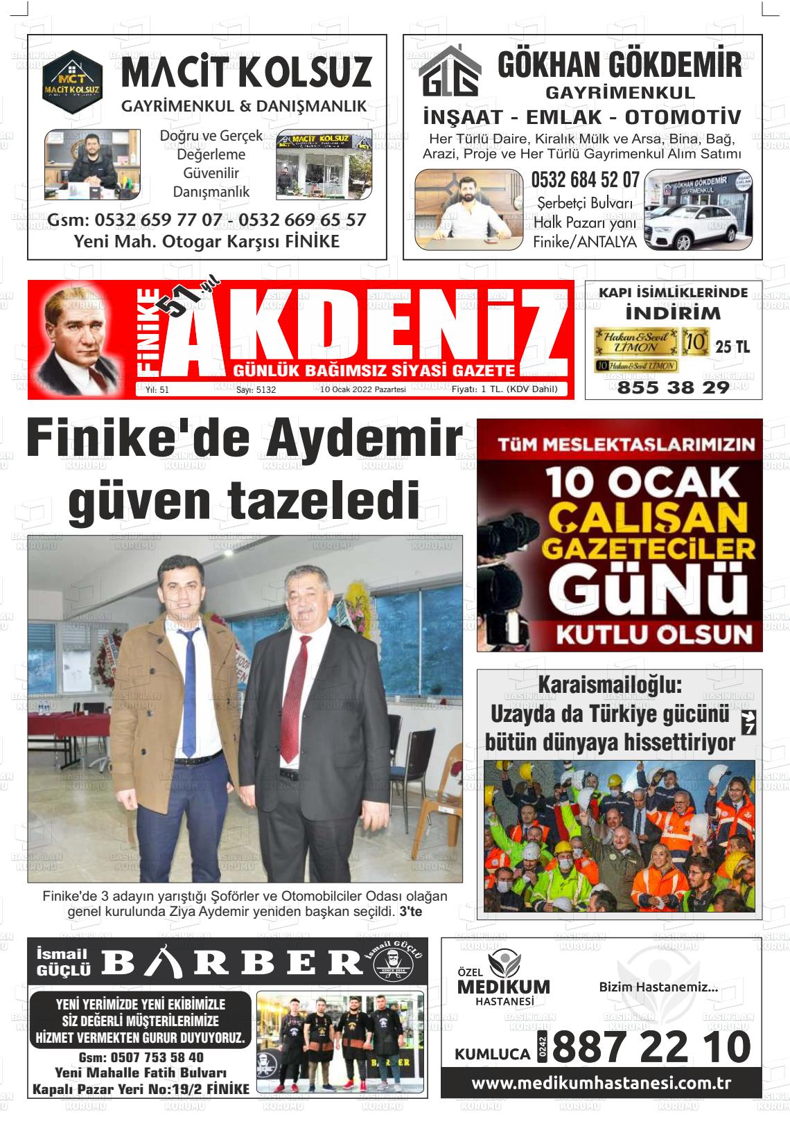 10 Ocak 2022 Finike Akdeniz Gazete Manşeti