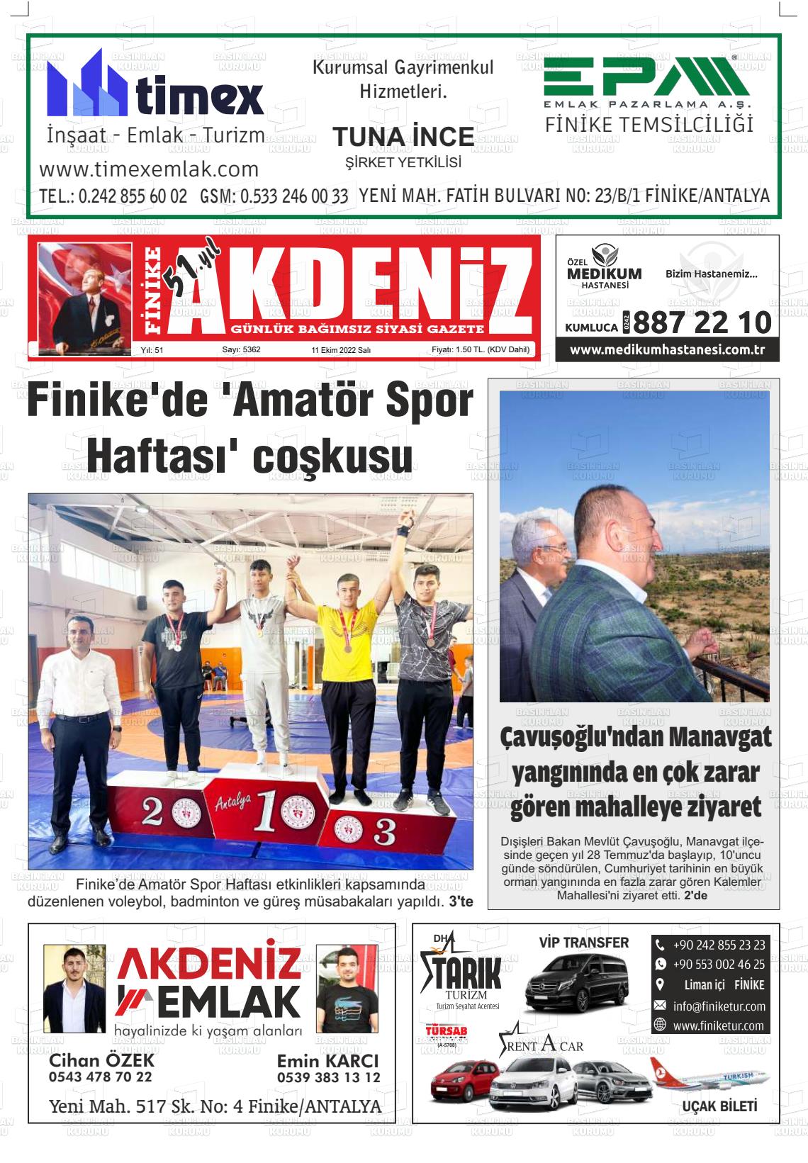 11 Ekim 2022 Finike Akdeniz Gazete Manşeti