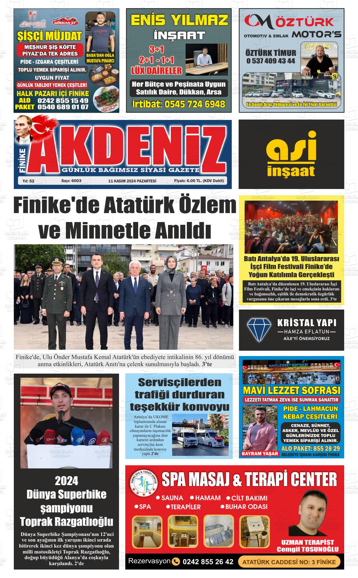 11 Kasım 2024 Finike Akdeniz Gazete Manşeti