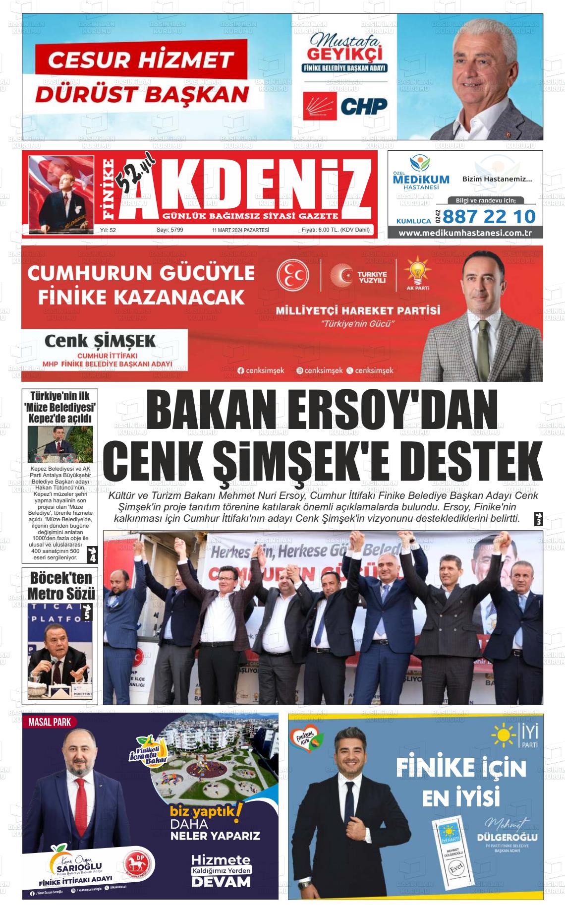 11 Mart 2024 Finike Akdeniz Gazete Manşeti