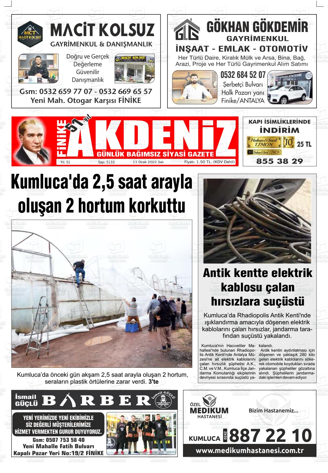 11 Ocak 2022 Finike Akdeniz Gazete Manşeti