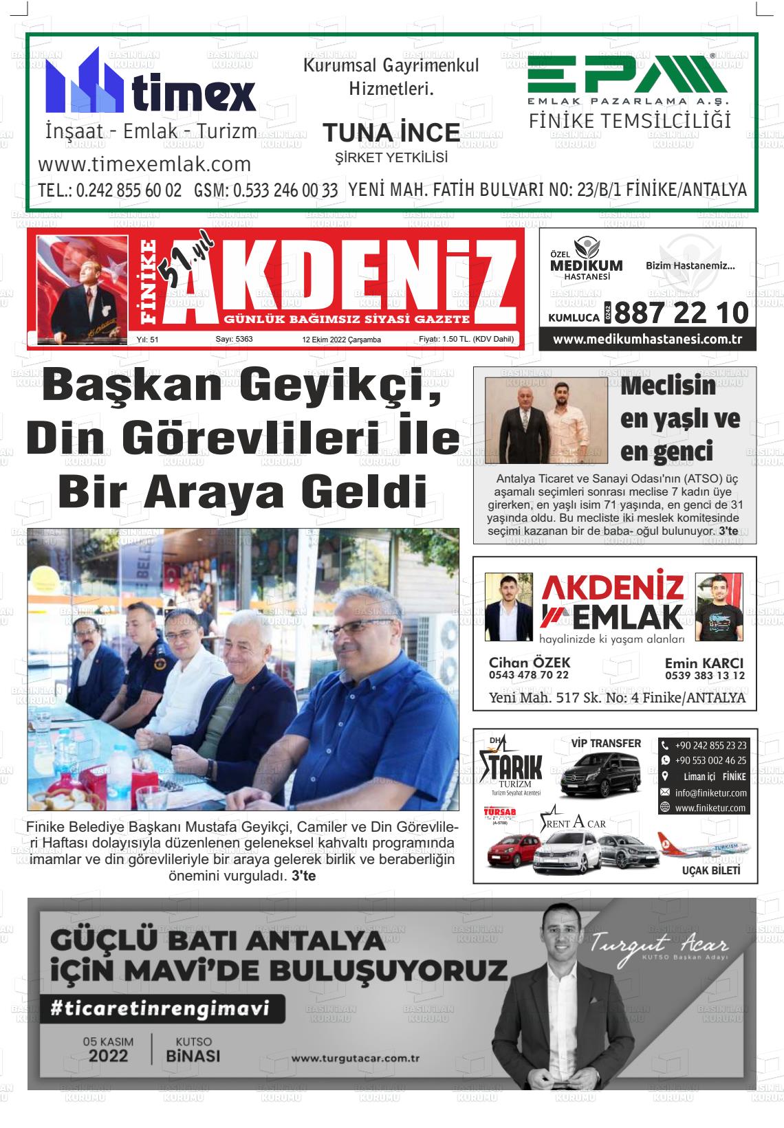 12 Ekim 2022 Finike Akdeniz Gazete Manşeti