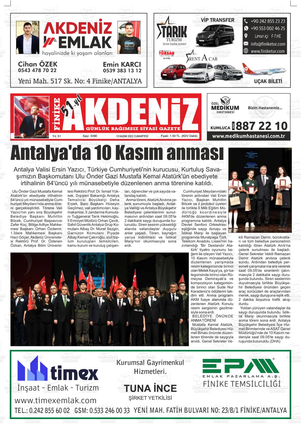 12 Kasım 2022 Finike Akdeniz Gazete Manşeti