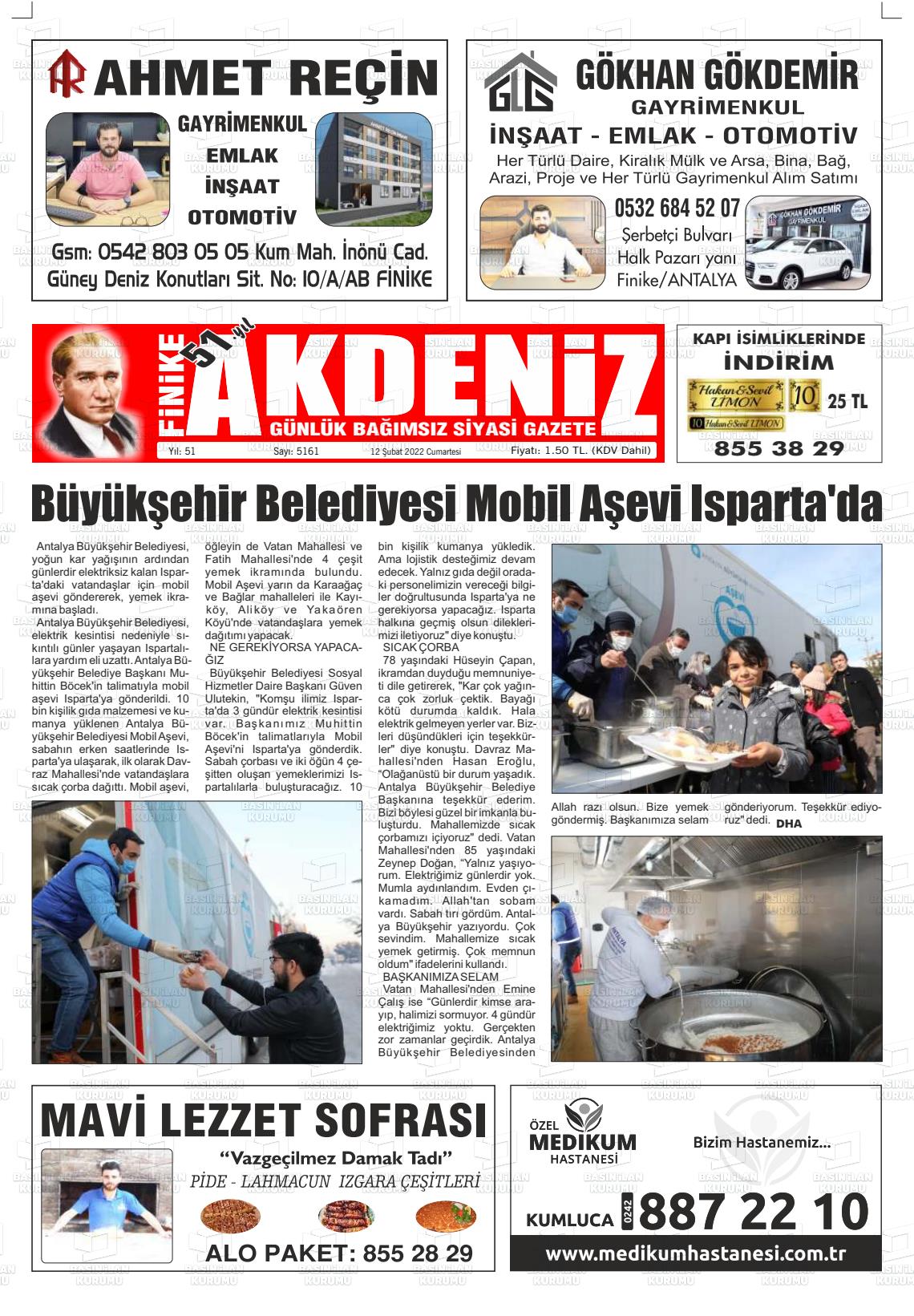 12 Şubat 2022 Finike Akdeniz Gazete Manşeti