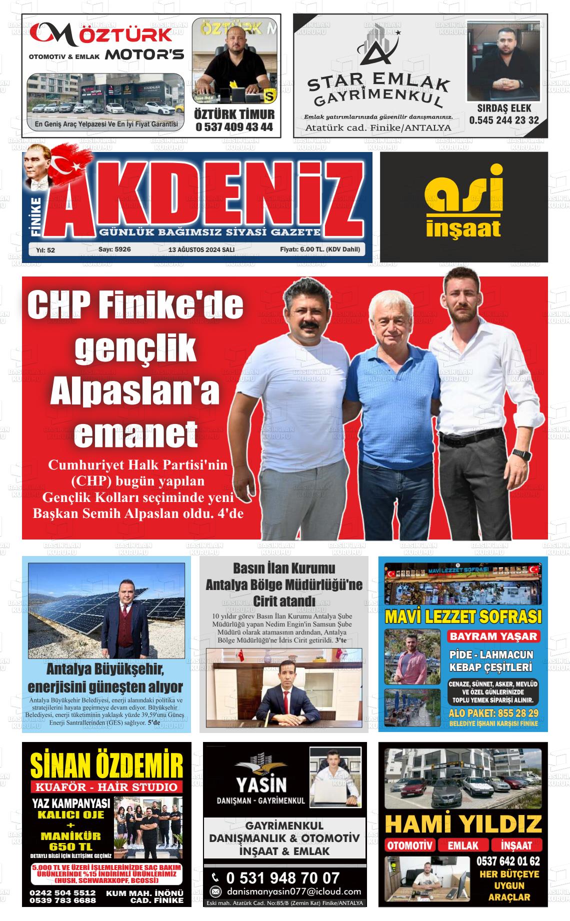 13 Ağustos 2024 Finike Akdeniz Gazete Manşeti