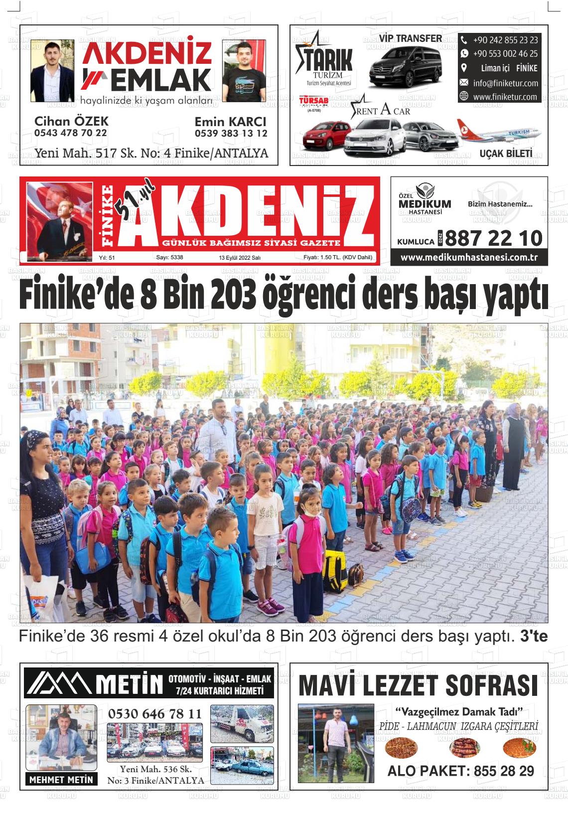 13 Eylül 2022 Finike Akdeniz Gazete Manşeti