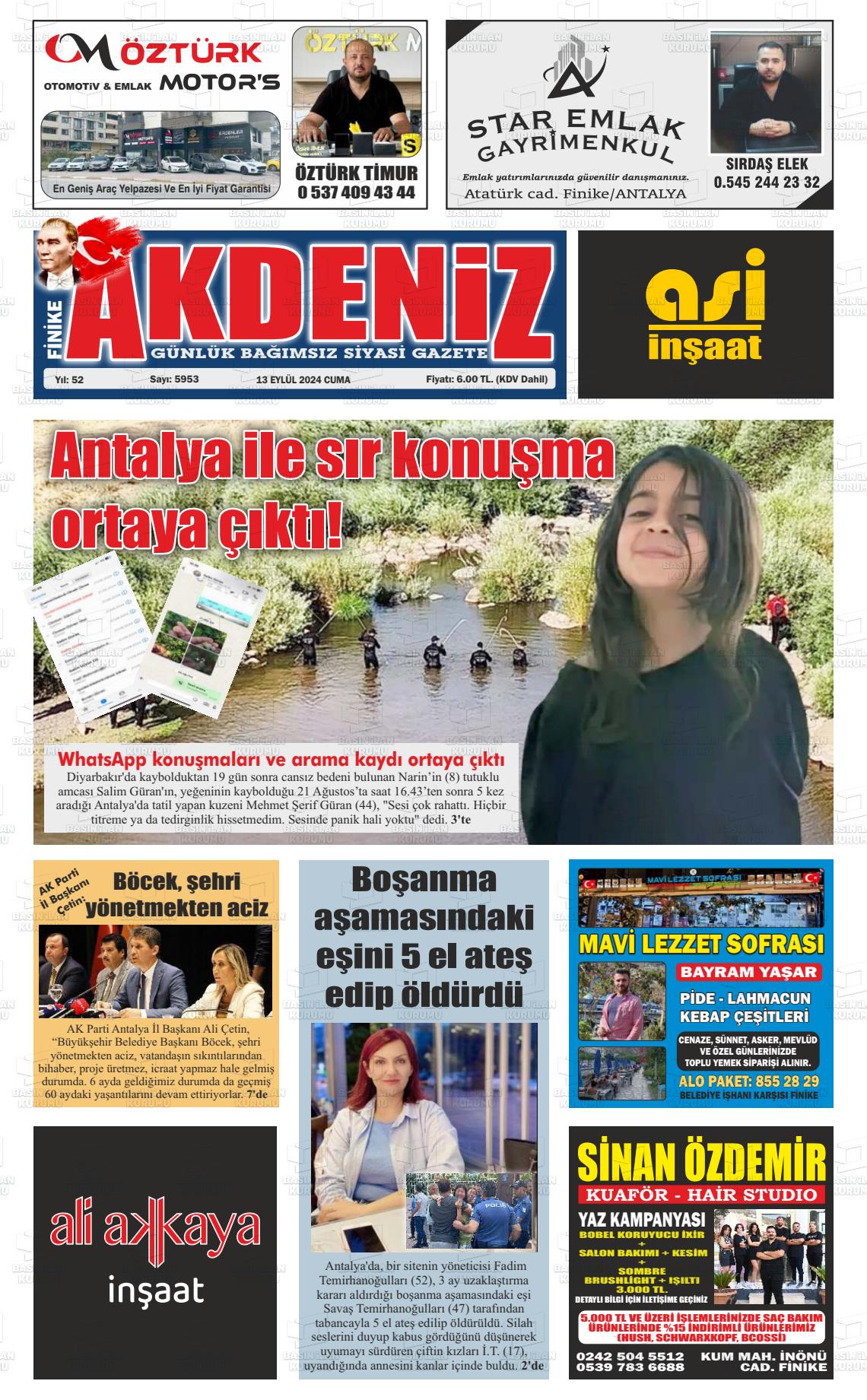 13 Eylül 2024 Finike Akdeniz Gazete Manşeti