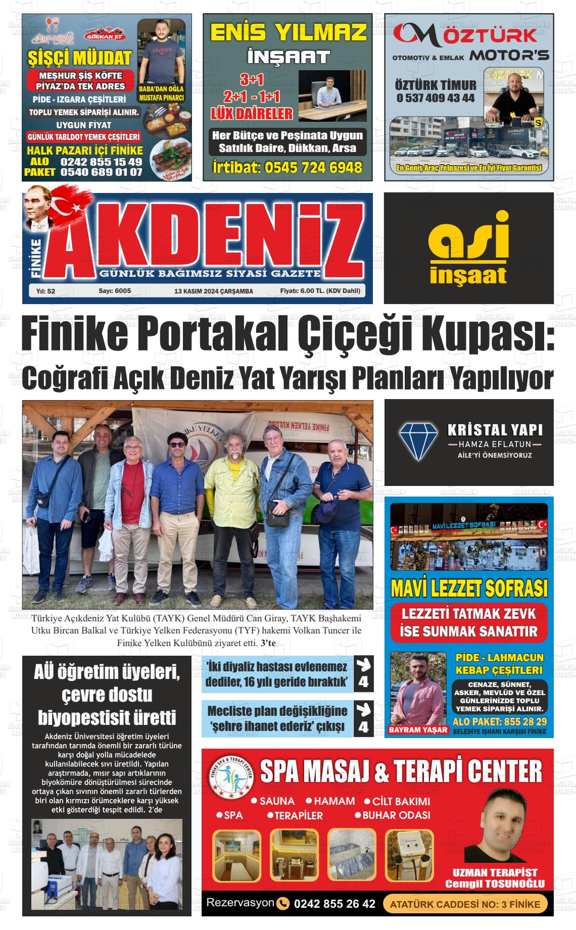 13 Kasım 2024 Finike Akdeniz Gazete Manşeti