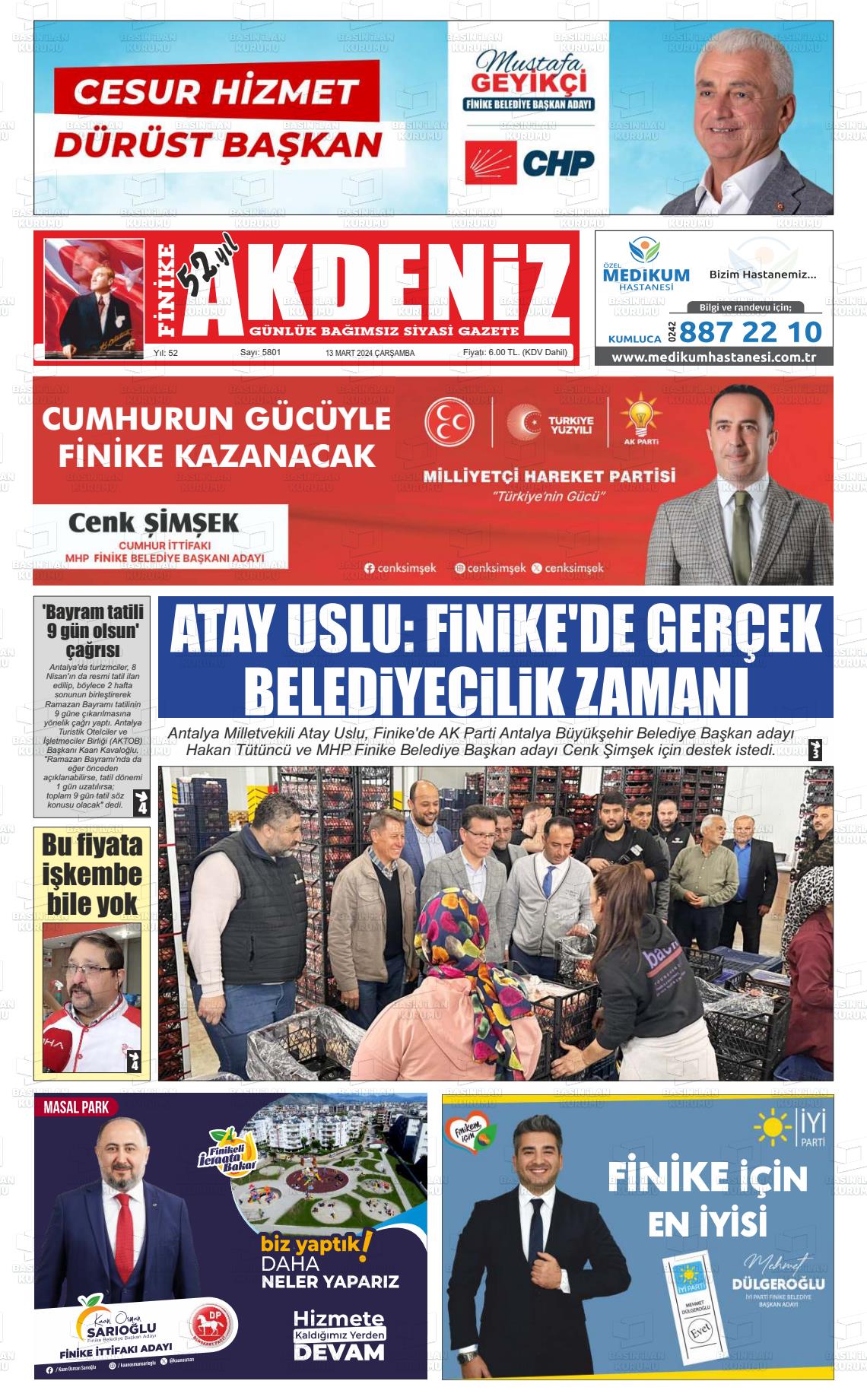 13 Mart 2024 Finike Akdeniz Gazete Manşeti