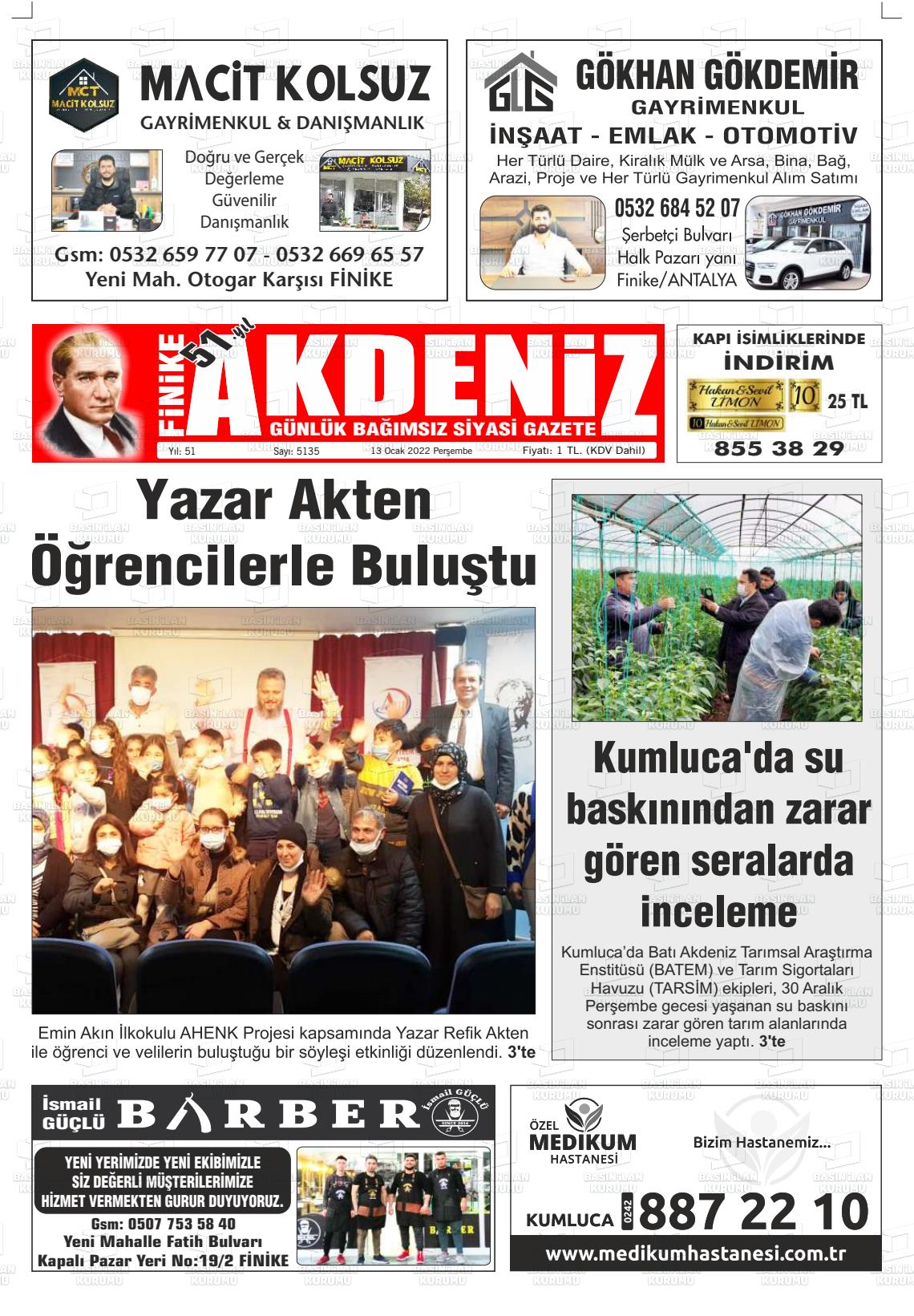 13 Ocak 2022 Finike Akdeniz Gazete Manşeti